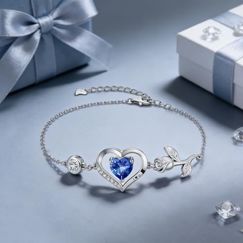 1CT Rose Heart Birthstone Bracelet for Women Love Gift - style: 09-Sept Sapphire Silver