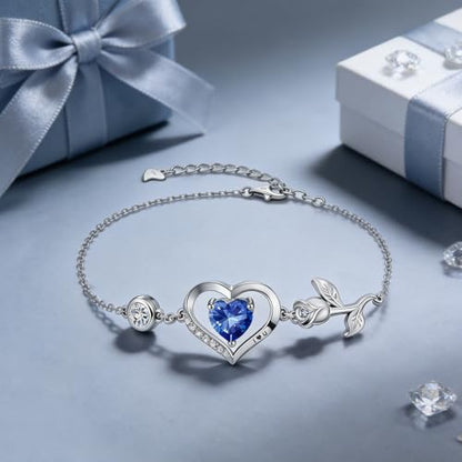 1CT Rose Heart Birthstone Bracelet for Women Love Gift - style: 09-Sept Sapphire Silver