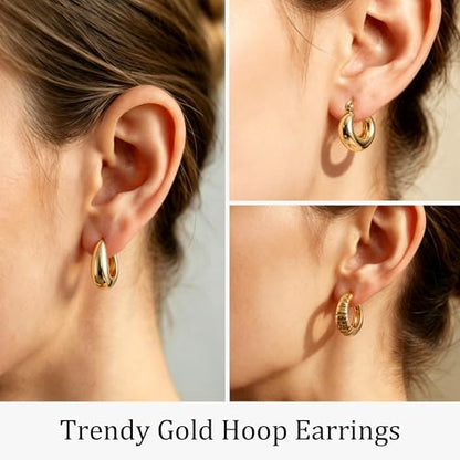 Wgoud 6 Pairs Chunky Gold Hoop Earrings for Women, 14K Gold Plated Hoop Earrings Hypoallergenic, Thick Lightweight Twisted Huggie Hoops Earring Set for Women’s Jewelry GIfts - color: 6 Prs Chunky Gold