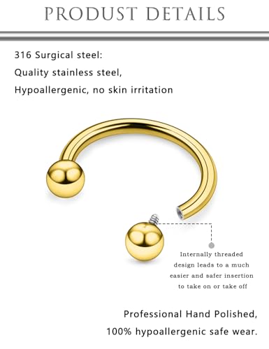 Hoeudjo Internally Threaded Septum Rings 16G Surgical Steel Horseshoe Septum Jewelry Lip Ring 8mm 10mm with Replacement Balls Ball Grabber Tool Smiley Piercing Jewelry for Women Men - color: goldtone
