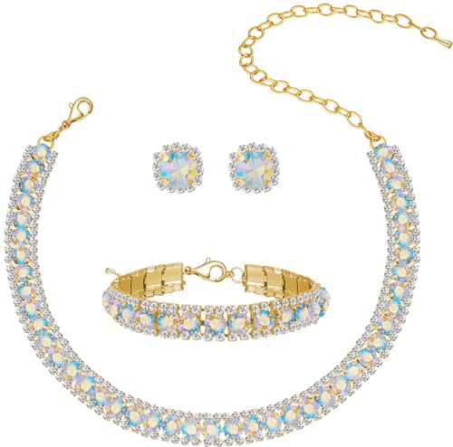 Women Rhinestone Crystal Jewelry Set Crystal Tennis Design Rhinestone Choker Necklace Link Bracelet Teardrop Earrings Set Wedding Bridal Bridesmaids Party - color: Gold Plated AB Crystal（2）