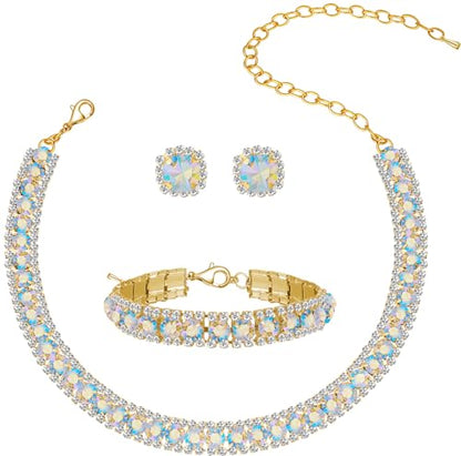 Women Rhinestone Crystal Jewelry Set Crystal Tennis Design Rhinestone Choker Necklace Link Bracelet Teardrop Earrings Set Wedding Bridal Bridesmaids Party - color: Gold Plated AB Crystal（2）