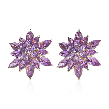 Crystal Flower Burst Stud Earrings Large Big Sparkly CZ Cubic Rhinestone Floral Cluster Flower Stud Earrings Bridal Wedding Party - color: Violet