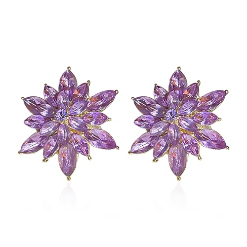 Crystal Flower Burst Stud Earrings Large Big Sparkly CZ Cubic Rhinestone Floral Cluster Flower Stud Earrings Bridal Wedding Party - color: Violet