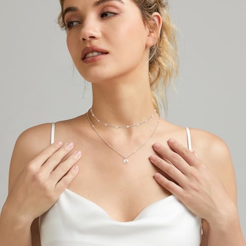 Zeffy Gold Pearl Necklace for Women, Dainty 14K Gold/Silve Plated Layered Pearl Choker Pearl Earrings Pearl Bracelets Wedding Trendy Gold Jewelry Set for Women Gifts - style: Silver Pearl Necklace-2PCS