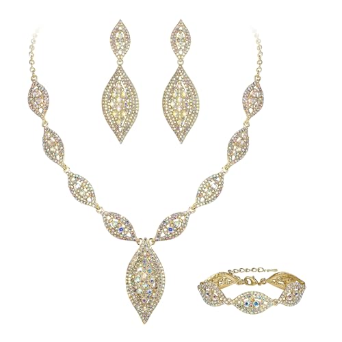 Flyonce Wedding Jewelry Set Rhinestone Crystal Bridal Leaf Necklace Drop Dangle Chandelier Earrings Sets for Women - color: Iridescent Clear AB Gold-Tone