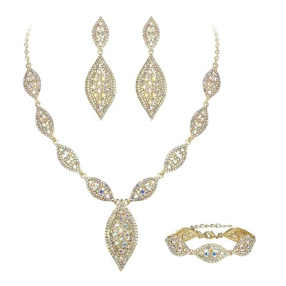 Flyonce Wedding Jewelry Set Rhinestone Crystal Bridal Leaf Necklace Drop Dangle Chandelier Earrings Sets for Women - color: Iridescent Clear AB Gold-Tone