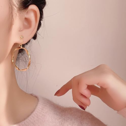 A Season Women Twisted Gold/Silver Round Clip On Hoop Earrings for Non Pierced Ears Hoops Earrings, Small/Medium/Large (Large Round Dangle)