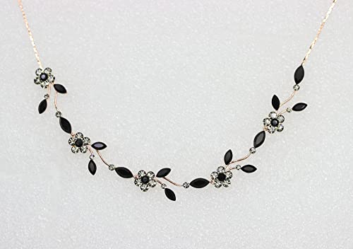 Faship Gorgeous Rhinestone Crystal Floral Necklace Earrings Set - color: Black / Rose Gold Plated