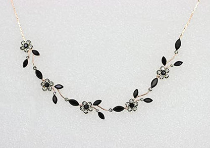 Faship Gorgeous Rhinestone Crystal Floral Necklace Earrings Set - color: Black / Rose Gold Plated