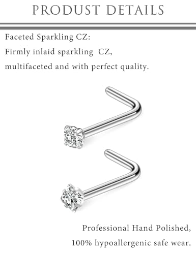 Hoeudjo Nose Studs Surgical Steel Cubic Zirconia Nose Rings Kit for Women Men Tiny Nose Stud Screw & Bone & L Shaped Nostril Piercing Jewelry 22-18 Gauge 8 Pieces 1.5mm 2mm 2.5mm 3mm - color: silvertone, size: 18g,L shaped nose studs,round+square CZ