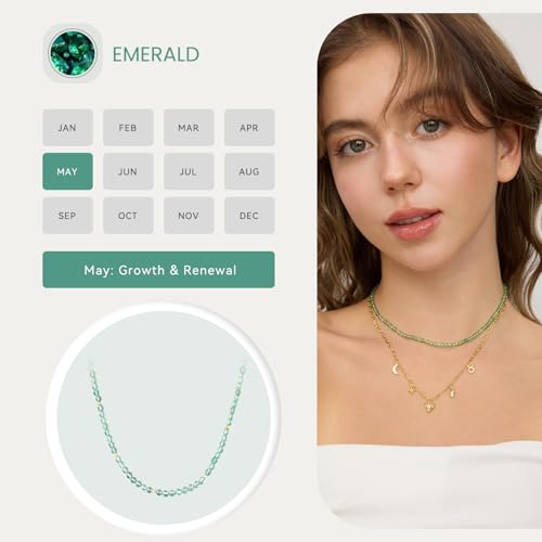 ARSIS Genuine Beaded Gemstone Necklace for Women, Colorful Natural Stone Handmade Bead Choker, Personalized Birthstone Necklace, Boho Summer Beach Necklace Layering Stackable Jewelry Gift - color: Emerald (May)