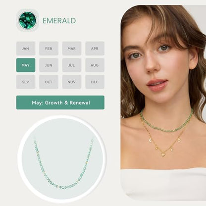 ARSIS Genuine Beaded Gemstone Necklace for Women, Colorful Natural Stone Handmade Bead Choker, Personalized Birthstone Necklace, Boho Summer Beach Necklace Layering Stackable Jewelry Gift - color: Emerald (May)