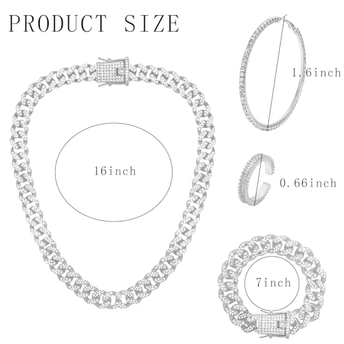 NEWITIN 7 Pieces Silver Jewelry Set for Women Dainty Cubic Zirconia Cuban Link Chain Necklace Bracelet Ring Sparkly Crystal Earrings Cuban Jewelry Set for Women Men - color: Silver 16 Inches