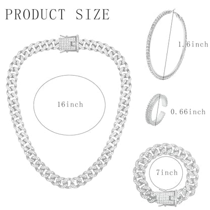 NEWITIN 7 Pieces Silver Jewelry Set for Women Dainty Cubic Zirconia Cuban Link Chain Necklace Bracelet Ring Sparkly Crystal Earrings Cuban Jewelry Set for Women Men - color: Silver 16 Inches