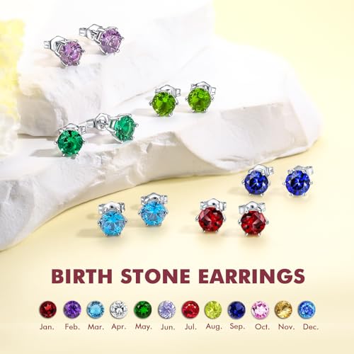 DAYBYDAY 925 Sterling Silver Birthstone Earrings for Women, Crystal Stud Earrings, 6.5mm Round Cut Solitaire Gemstone Earrings Birthday Jewelry - style: Round Cut-09. Sep/created blue sapphire