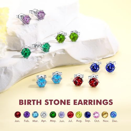 DAYBYDAY 925 Sterling Silver Birthstone Earrings for Women, Crystal Stud Earrings, 6.5mm Round Cut Solitaire Gemstone Earrings Birthday Jewelry - style: Round Cut-09. Sep/created blue sapphire