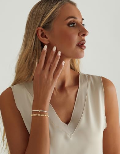 14K Gold Plated Bracelets for Women Dainty Tennis Initial Bracelet Trendy Beaded Stackable Charm Bracelets Layered Waterproof Bracelet Dainty Bracelet for Women Jewelry Gifts - style: O