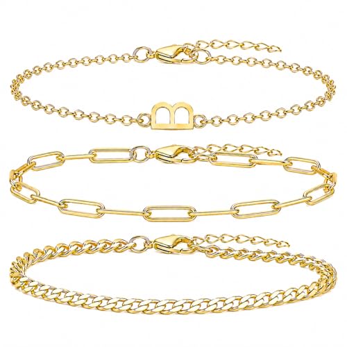 3PCS Gold Bracelet Set for Women, 14K Gold Plated Initial Letter Jewelry, Layered Paperclip and Cuban Chain Stack, Adjustable Stainless Steel Gift - style: Initial-B