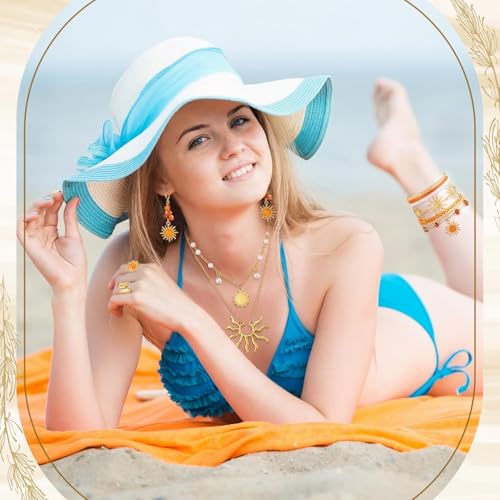 Tondiamo 16 Pcs Gold Sun Jewelry Set for Women Sunburst Earrings Rings Boho Hippie Layer Charm Necklace Summer Beach Bracelets Anklet for Holiday Vacation Accessories