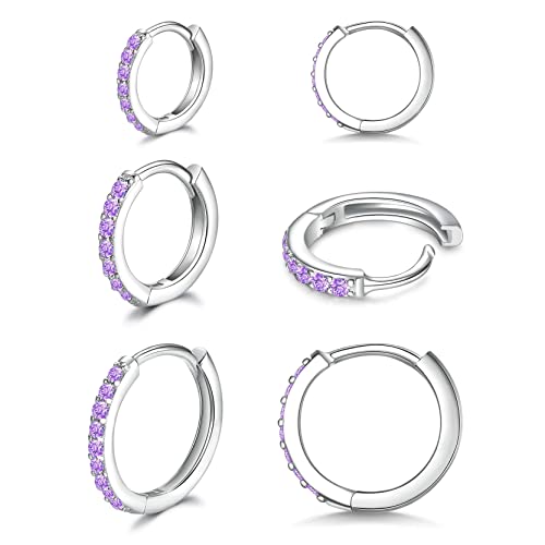 3 Pairs 925 Sterling Silver Small Hoop Earrings for Women Men | Cubic Zirconia, 14K White Gold Plated Huggie Hoop Earrings, Hypoallergenic - style: P-purple cz 8/10/12mm