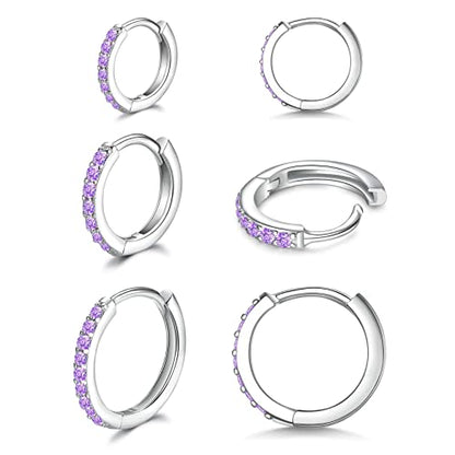 3 Pairs 925 Sterling Silver Small Hoop Earrings for Women Men | Cubic Zirconia, 14K White Gold Plated Huggie Hoop Earrings, Hypoallergenic - style: P-purple cz 8/10/12mm