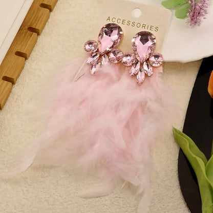 Long Feather Earrings for Women Bohemian Crystal Zirconia Dangle Feather Earrings Crystal Tassel Feather Earrings Wedding Halloween Prom Jewelry - color: Pink