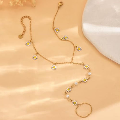 Ankle Bracelets for Women 18K Gold Plated Dainty Pearl Cross CZ Anklets Daisy Moon Star Gold Bead Satellite Cuban Link Chain Waterproof Summer Beach Foot Jewelry - style: Daisy Pearl-Gold
