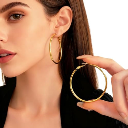 1 Pairs 60/70mm Silver 14K Gold Rose Gold Hoop Earrings for Women Hypoallergenic Stainless Steel Lightweight Big Hoops Shiny Dangle Earrings Trendy Jewelry Gifts - color: 70mm-Gold Hoop Earrings