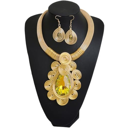 African Jewelry Sets Statement Big Crystal Pendent Necklace Earrings Set For Women Handmade Bib Collar Costume Tribal Fashion Accessories - color: KDLUN5305 Gold