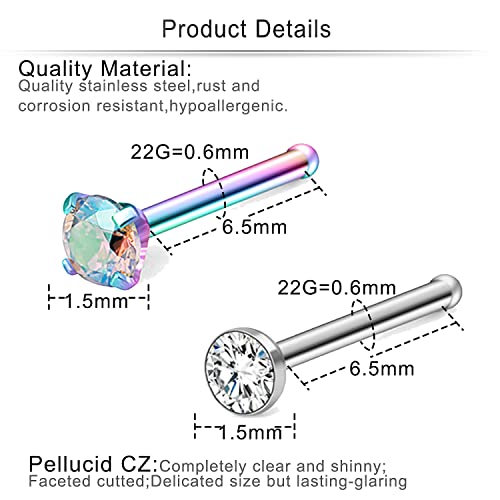 Cisyozi 18G 20G 22G Nose Rings and Studs - 316L Surgical Steel Hypoallergenic Piercing Jewelry for Women Men - L Shaped Straight Nostril Screw - Diamond CZ 1.5mm 2mm 2.5mm 3mm 12Pcs - style: Straight Bars-22G-CZ 1.5mm