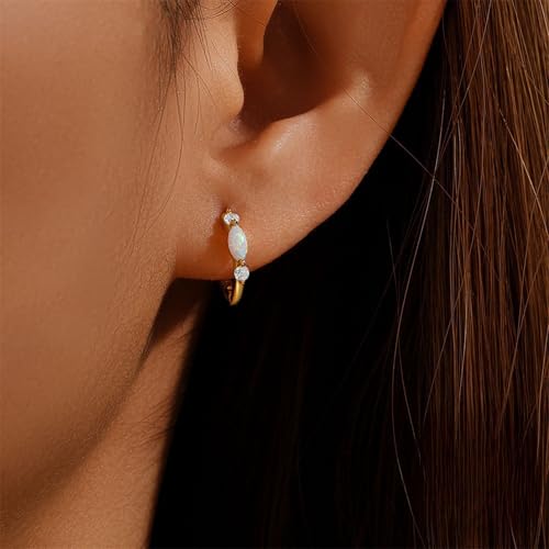 Gold Opal Huggie Earrings for Women, Minimalist Small Hoop Earrings with Zircons - color: gold