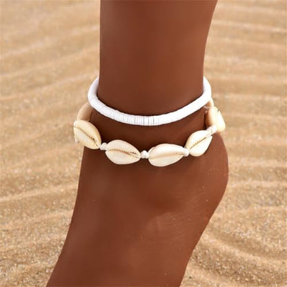 Shell Ankle Bracelet Set for Women,Boho Adjustable Beads Anklet Pack Natural White Shells Stack Stretch Seashell Pearl Starfish Bracelet Set Hawaiian Beach Vacation Foot Jewelry - style: F-Shell
