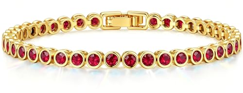 Tennis Bracelets for Women Teen Girls, Gold Jewelry | 3mm Cubic Zirconia, Dainty & Classic Tennis Bracelets, 14K Gold Plated, Adjustable Bracelet for Wrist Essentials - color: Garnet Red 6.5 Inch