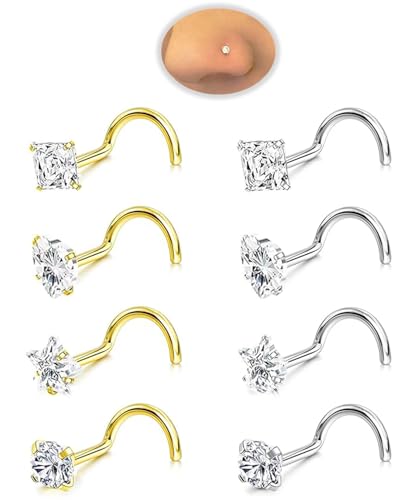 8Pcs Nose Rings Studs Set for Women Men: Hypoallergenic G23 Titanium/316L Surgical Stainless Steel Nose Studs, Nickel-free Lead-free L Shaped Corkscrew Nose Piercing Jewelry CZ 1.5mm 2mm 2.5mm 3mm - style: 8pcs 18G Gold/Silver-Multi Shape - Stainless Stee