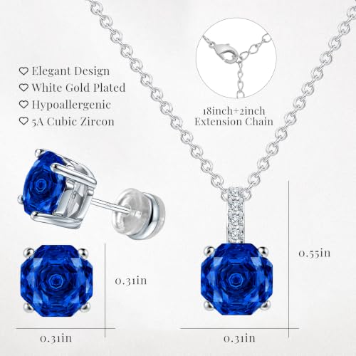 Rose Cut Silver Solitaire Necklace and Earring Set for Women, Jewelry Gift | Rose Cut, Cubic Zirconia, Necklace and Stud Earrings Set, Jewelry Set, Minimalist - color: Sapphire Blue
