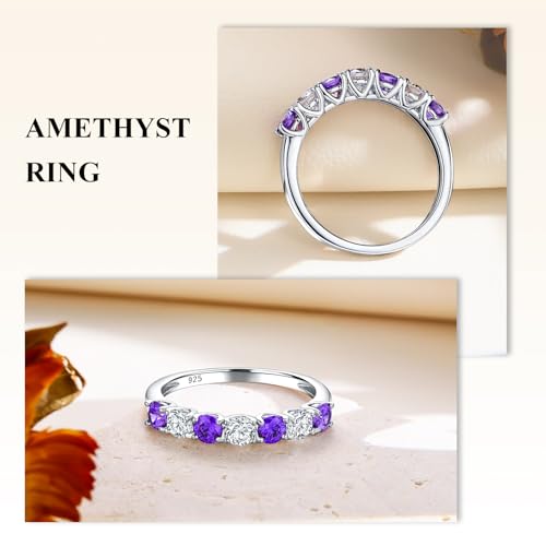 Birthstone Wedding Band Eternity Rings 925 Sterling Silver Rings Stackable Anniversary Engagement Rings Cubic Zirconia Inlaid Created Garnet/Amethyst/Sapphire Ring 7 Stone Ring, Size 6 to 10 - color: Amethyst & 5A CZ