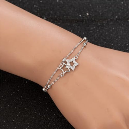 kelistom 925 Sterling Silver Bracelets for Women Teens, Love Heart Charm Chain Bracelet Bangle Fashion Jewelry Gifts - color: Double star-white