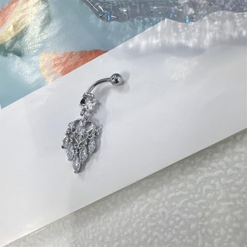 14G Boho Dangle Belly Button Ring, Stainless Steel Tassel Crystal Love Heart Chandelier Navel Piercing Barbell Belly Rings Body Piercings Jewelry for Women - color: Silver