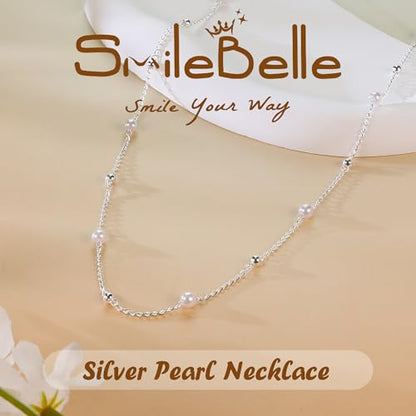 SmileBelle Pearl Necklaces for Women, 18K Gold Daisy Choker for Women's | Pearl Strand Necklaces as Summer Gifts for Teens, Silver Daisy Flower Gifts, 3 Pearls White Necklace as Bridesmaid Gift - color: Silver