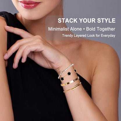 YOUNGGRACE 18K Gold Plated Womens Stackable Bracelets Set 4 Pcs – Love Bangle, Nail Bracelet, Clover & CZ Tennis Bracelet, Non Tarnish Hypoallergenic Stainless Steel Gold Layered Jewelry Gift for Her - color: Black Floral
