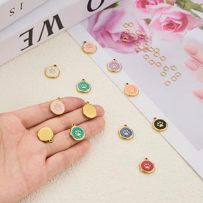 UAMOKANG 8pcs Mixed Color Enamel Round Charms for Jewelry Making, Gold Plated Stainless Steel Paws Bulk Charm Pendant for Necklace Bracelet DIY - color: Round Paw