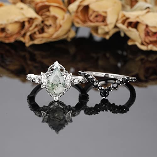 Moss Agate Bridal Wedding Rings Set for Women 925 Sterling Silver | Plated Platinum/Black Gold, Gothic, Vintage, Engagement Promise Ring, Anniversary Valentine Day Birthday Gift for Her - style: Platinum Plating New Moon Halo Ring