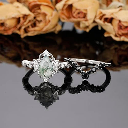 Moss Agate Bridal Wedding Rings Set for Women 925 Sterling Silver | Plated Platinum/Black Gold, Gothic, Vintage, Engagement Promise Ring, Anniversary Valentine Day Birthday Gift for Her - style: Platinum Plating New Moon Halo Ring