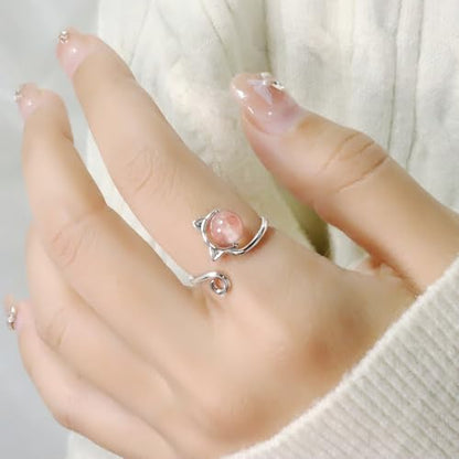 Adjustable Leaf Stackable Rings for Women Cubic Zirconia Stones Blue Leaves Purple Flower Open Band Stacking Finger Sliver Rings Fashion Plant Floral Aesthetic CZ Jewelry - color: pink cat