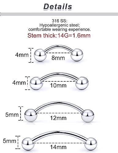 20G 16G 14G 12G Eyebrow Rook Daith Piercing Jewelry 316L Surgical Steel Vertical Lip Labret Belly Button Ring Snake Eyes Tongue Ring Curved Barbell 6mm(1/4") 8mm(5/16") 10mm (3/8") 12mm(1/2") - color: Silver, size: 14G(1.6mm)-8/10/12/14mm Bars