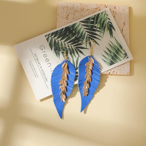 KINIVA Leather Dangle Earrings for Women Trendy, Lightweight Leaf Circle Lightning Earrings Drop, Jewelry Gifts for Women - color: 243 Blue