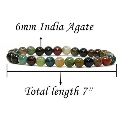 Angelstones Gemstones 6mm Round Beads Healing Crystal Bracelet for women | Natural Gemstone, Handmade Gifts for Women, Healing Crystal Round Beaded Stretch Bracelets, Unisex Jewelry for Women and Men - color: India Agate
