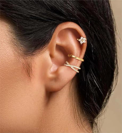14K Gold Plated Ear Cuff Earrings for Women, Dainty Ear Cuffs Clip on Earrings Non Piercing Trendy Cubic Zirconia Cartilage Hoop Earring Fashion Jewelry Sets for Women - color: 3PCS/5 Flower