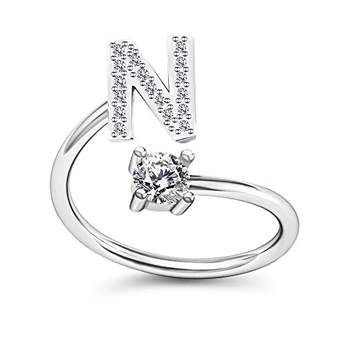 FUTIMELY Initial Letter Ring Alphabet Ring A-Z Silver Crystal Open Adjustable Personalized Initial Ring for Women - style: N